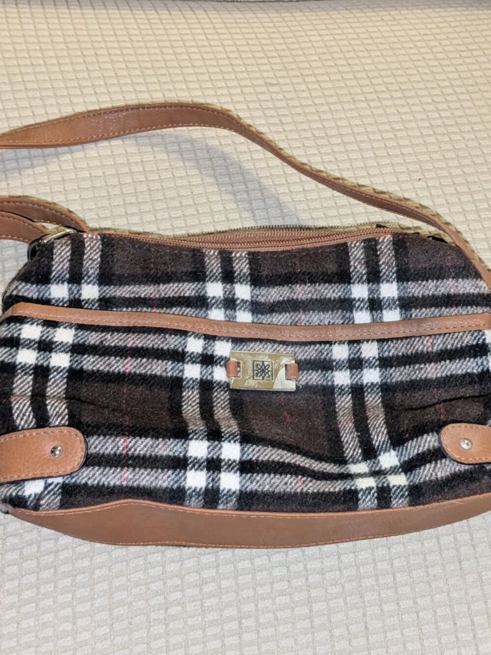 New Directions Brown Plaid Crossbody Bag with Tan Trim